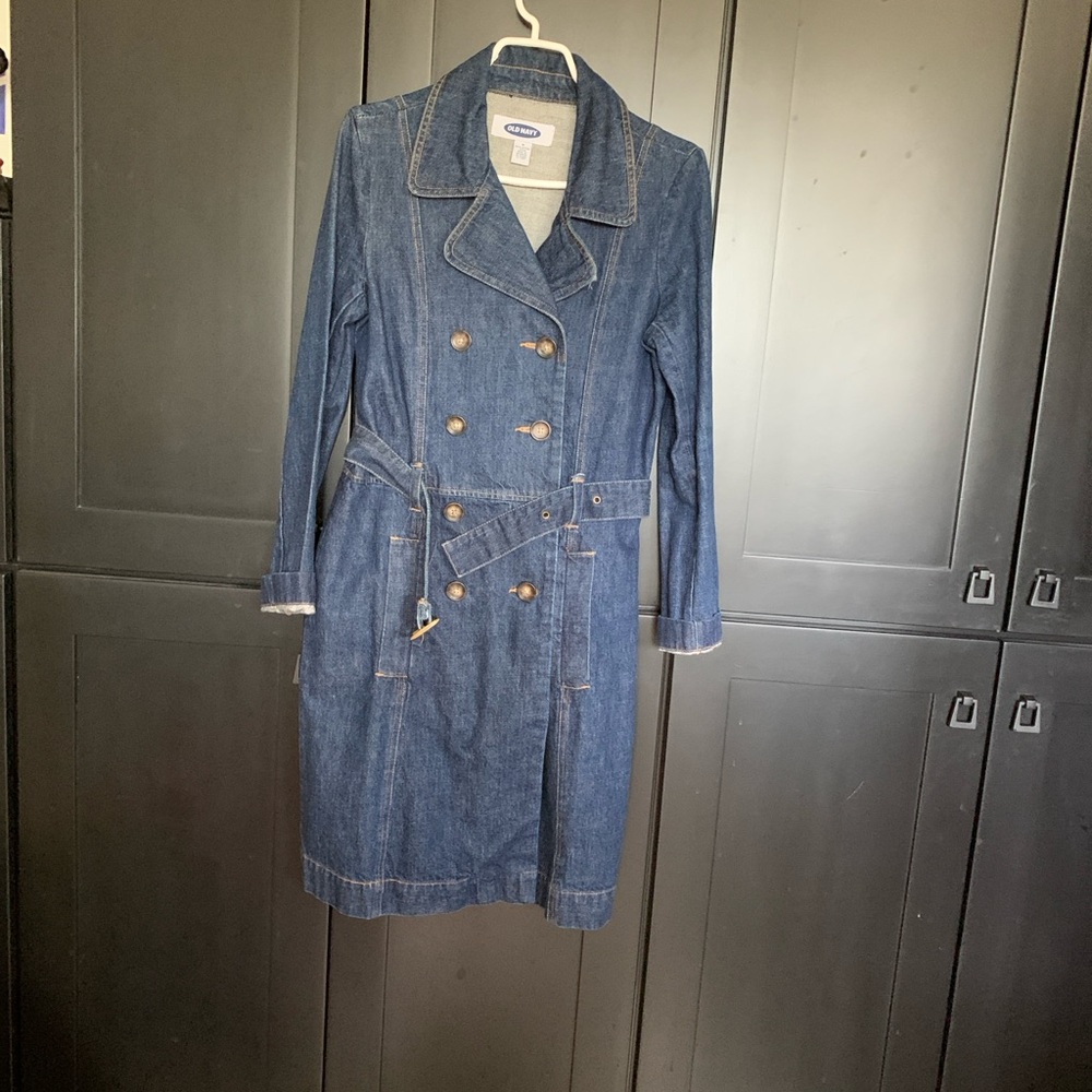 Old Navy Blue Denim Belted Trench Coat